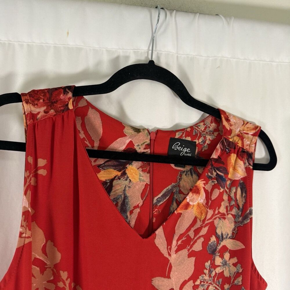 Beige by ECI Jumpsuit Women's Medium Red Floral V-Neck Belted Wide Leg - Picture 6 of 13
